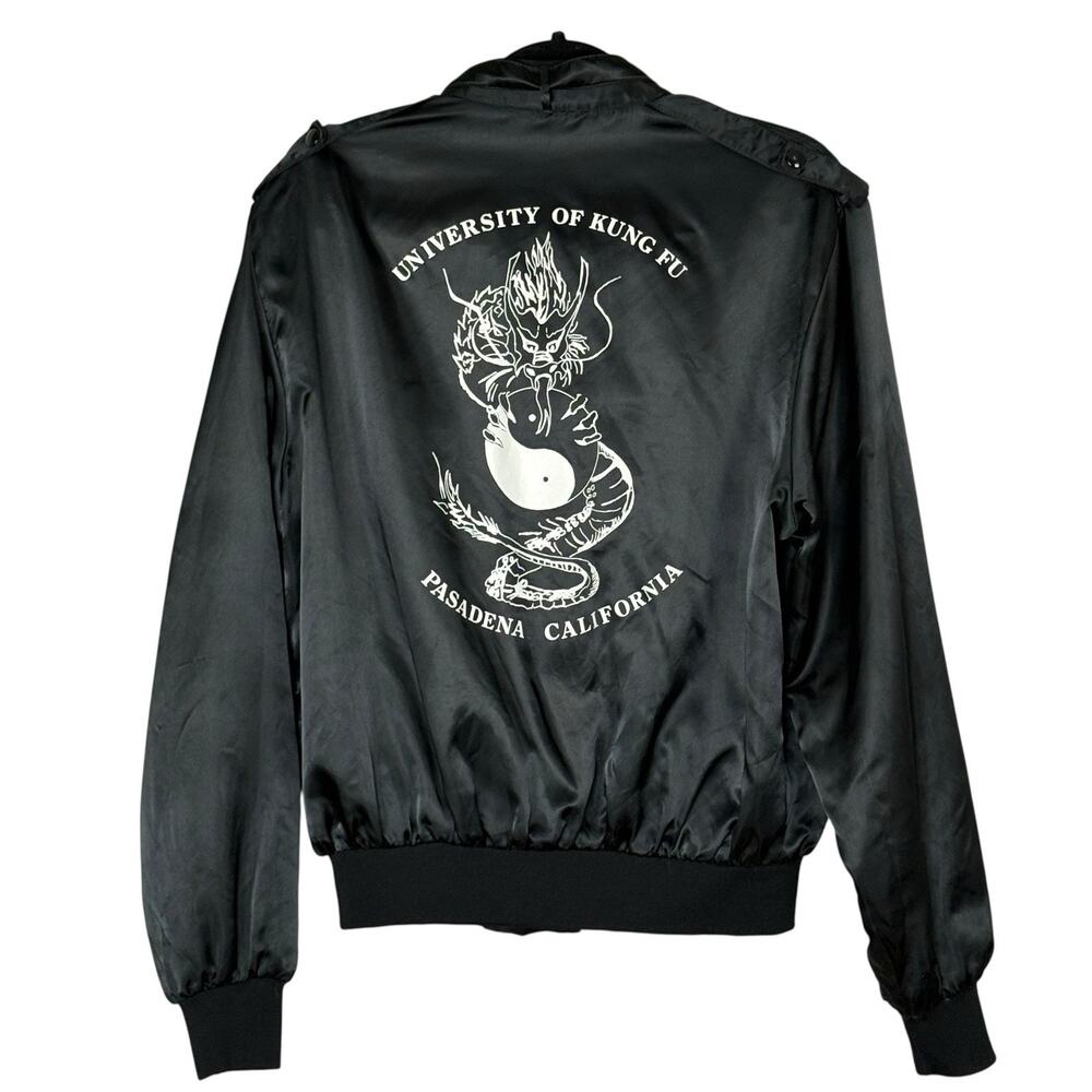 Vtg 90s Satin Bomber Cafe Racer Jacket University Of King Fu Streetwear Size L